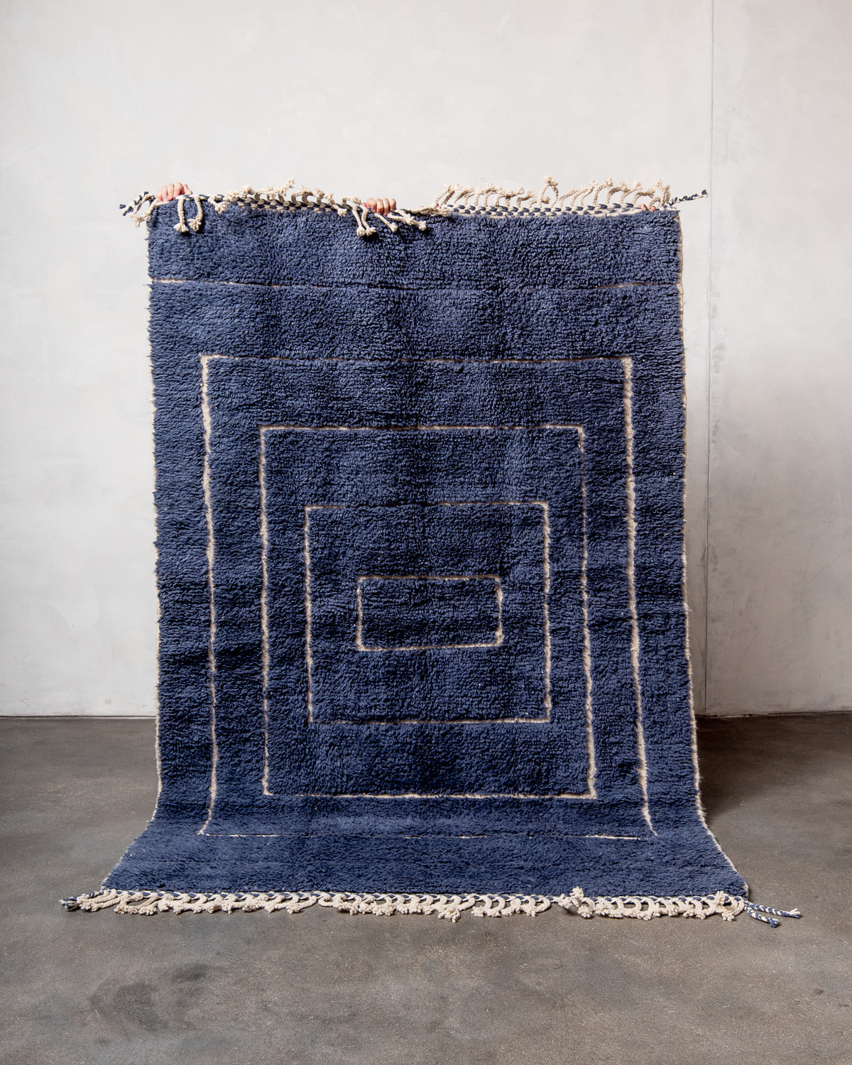 Modern, designer, handcrafted Berber rug from Morocco. Beniourain carpet with beautiful colours and patterns and fluffy wool texture.